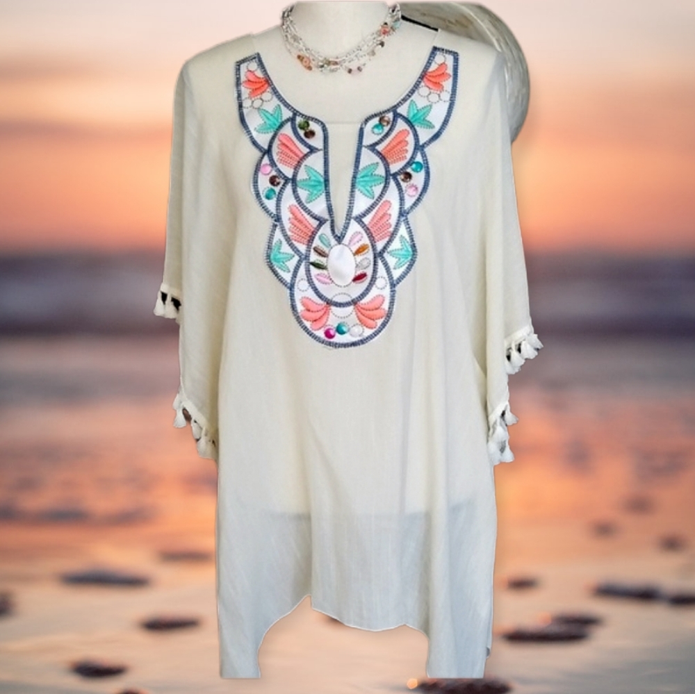 Boho Tunic Embroidered Beaded Tassel Swim Beach Cover Up NWT